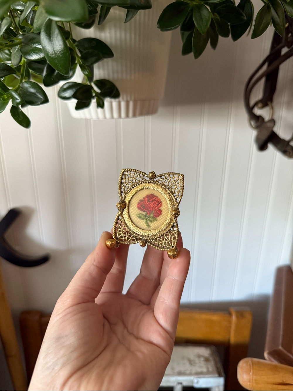 Vintage Gold Filigree Miniature Frame with Red Rose Tiny Needlepoint